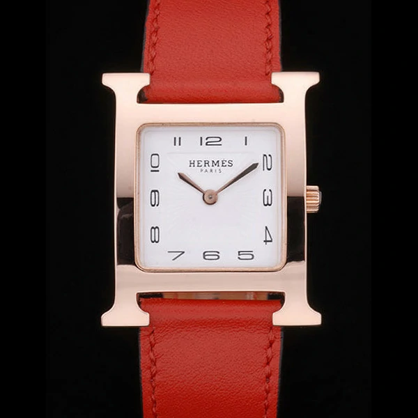 Hermes Heure H Rose Gold Bezel Red Leather Strap White Dial new59197