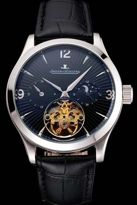 Jaeger LeCoultre Master Moonphase Tourbillon Black Dial Stainless Steel Case Black Leather Strap new121931