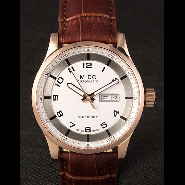 Mido Multifort Brown Croco Leather Strap White Silver Dial new59276