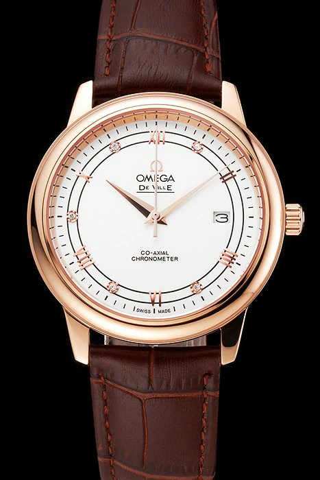 Omega De Ville Prestige White Dial Rose Gold Case Brown Leather Strap new123360
