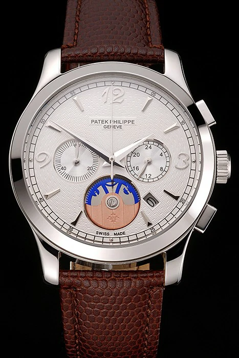Patek Philippe Chronograph White Guilloche Dial Stainless Steel Case Brown Leather Strap new123387