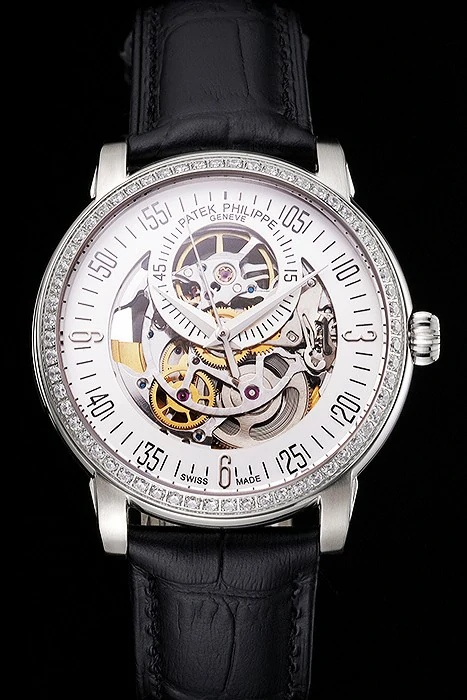 Patek Philippe Complications Openworked Dial Diamond Bezel Stainless Steel Case Black Leather Strap new121996