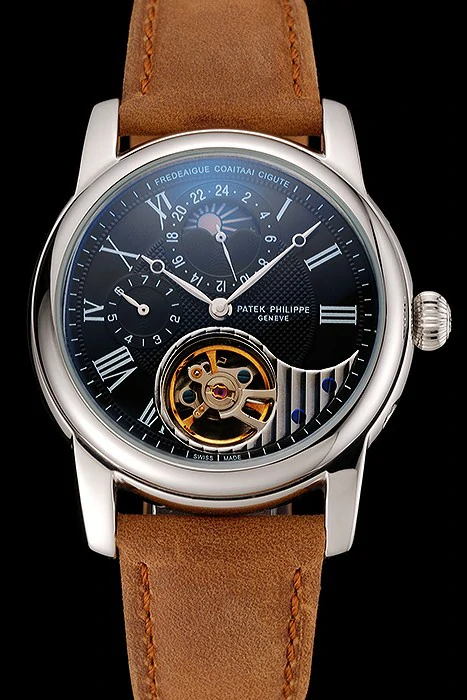 Patek Philippe Grand Complications GMT Moonphase Tourbillon Black Dial Stainless Steel Case Brown Suede Leather Strap new123927