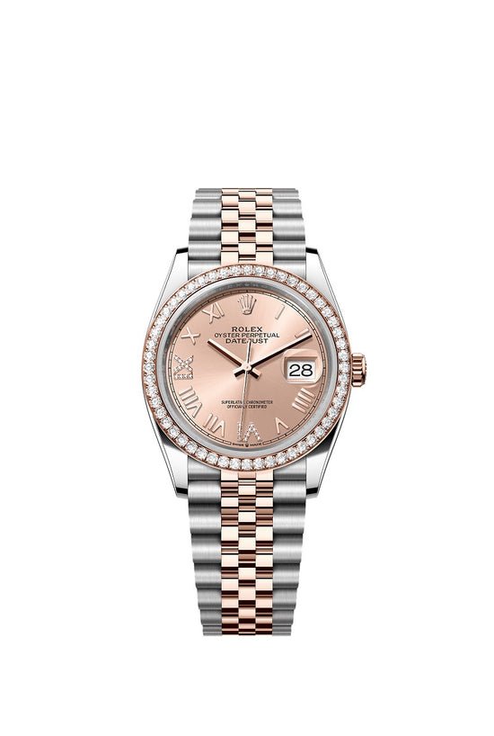 Rolex Replica Watch Datejust 36, Oystersteel and 18k Everose Gold, Rosé-colour set with diamonds dial, Diamond-set bezel Jubilee, 126281rbr-0037