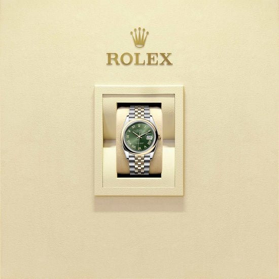 Rolex Replica Watch Datejust 36, Oystersteel and 18k Yellow Gold, Olive green Roman sunray dial, Domed Jubilee, 126203-0053