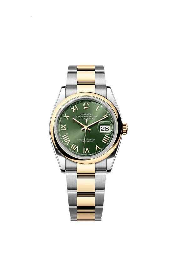 Rolex Replica Watch Datejust 36, Oystersteel and 18k Yellow Gold, Olive green Roman sunray dial, Domed Oyster, 126203-0054