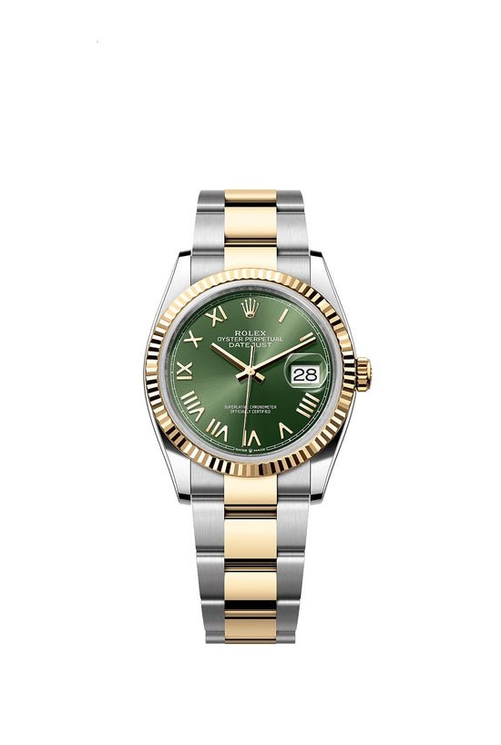 Rolex Replica Watch Datejust 36, Oystersteel and 18k Yellow Gold, Olive green sunray Roman dial, Fluted Oyster, 126233-0054