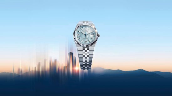 Rolex Replica Watch Land-Dweller 36, Platinum, Ice blue dial, Fluted Flat Jubilee, 127236-0001