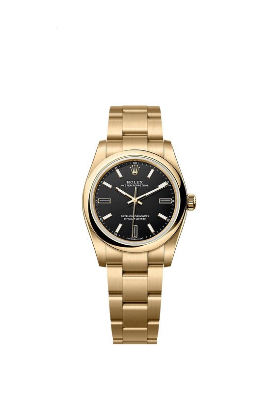 Rolex Replica Watch Oyster Perpetual 34, 18k Yellow Gold, 34mm, Black dial, Domed Oyster, 124208-0001
