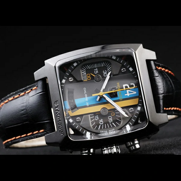 Tag Heuer Monaco Black Leather Strap Blue Yellow Striped Black Dial new58075